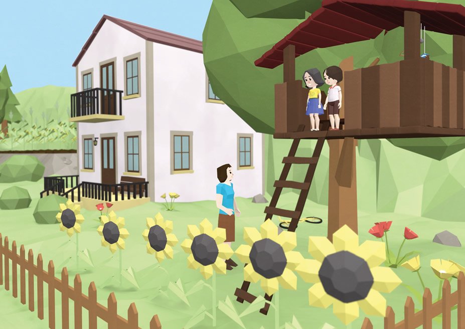 A imagem mostra dois meninos numca casa de madeira consttuída numa árvore no jardim da sua casa. Em baixo encontra-se a mãe a falar com eles.