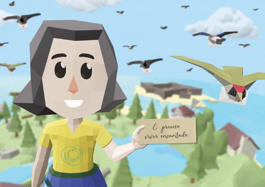 A imagem mostra uma ilustração com uma menina com um papel na mão a dizer "É preciso viver encantado", com vários pássaros a voar.